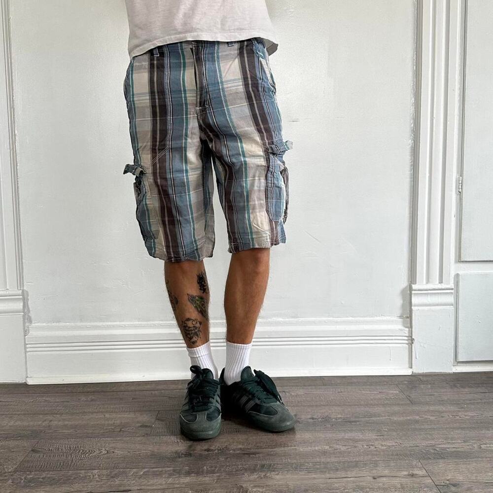 Vintage Y2K 00s Blue Plaid Cargo Tactical Utility Shorts